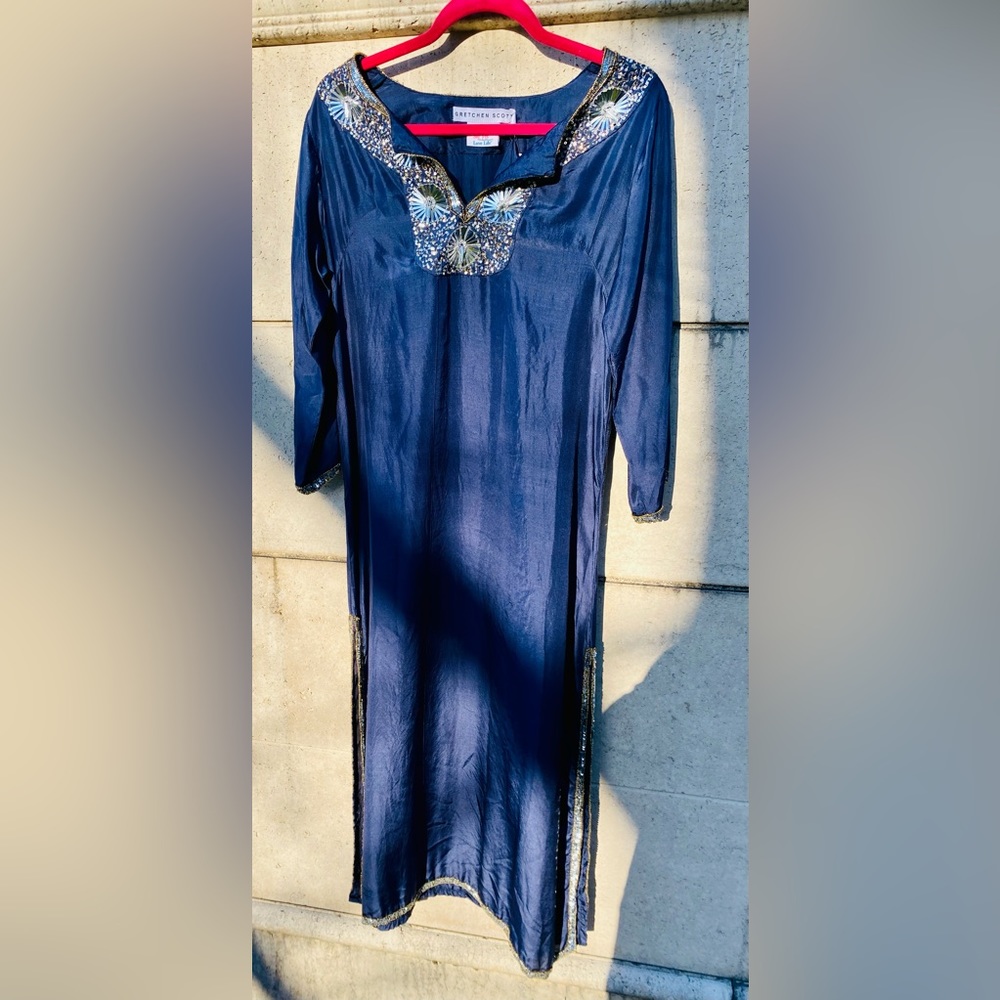 GRETCHEN SCOTT Silk Beaded Midi/Maxi Dress with Sash ✨ Starry Night Size M ✨ - Picture 8 of 16